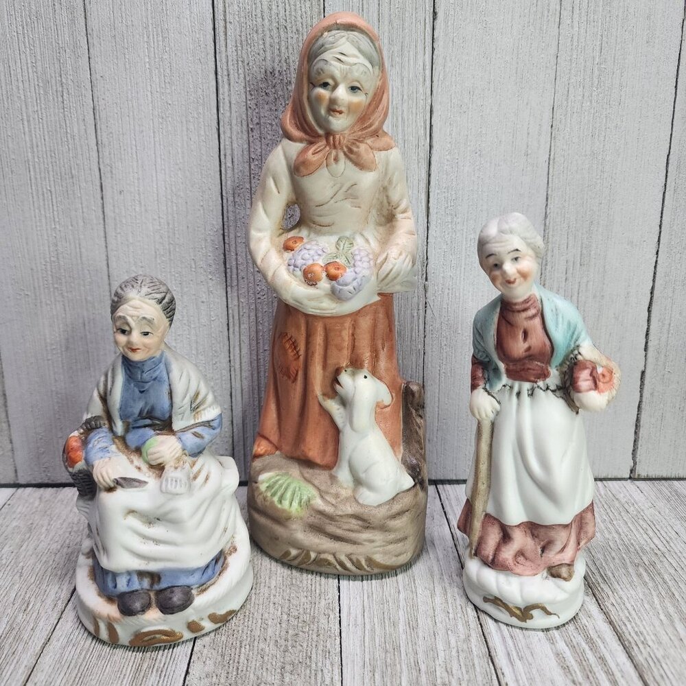 Vtg Homco Bisque Peasant Old Lady Figurines Elderly Farmers Home Decor -Set of 3
